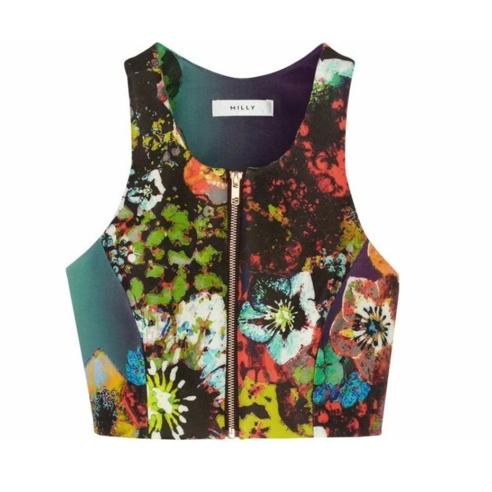 Milly Women's Size Large Black Abstract Floral Neopene Sleeveless Crop Tank Top